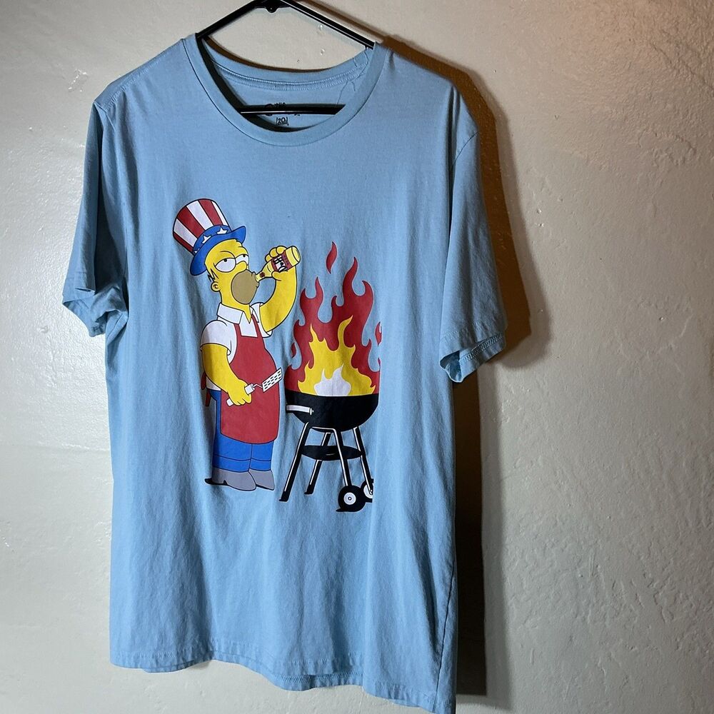 The Simpsons XL Mens T Shirt Light Blue Homer Barbecue Beer Drinking Fire
